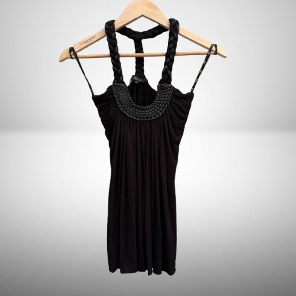 NEW Sky Black Braided Halter Top Woven T-Back Gathered Jersey Tank Small